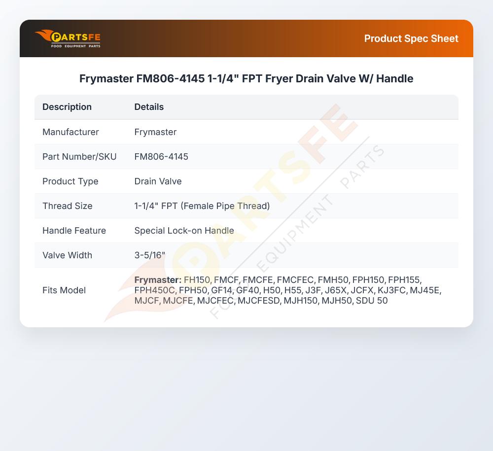 Frymaster FM806-4145 Drain Valve W/Handle 1-1/4" FPT