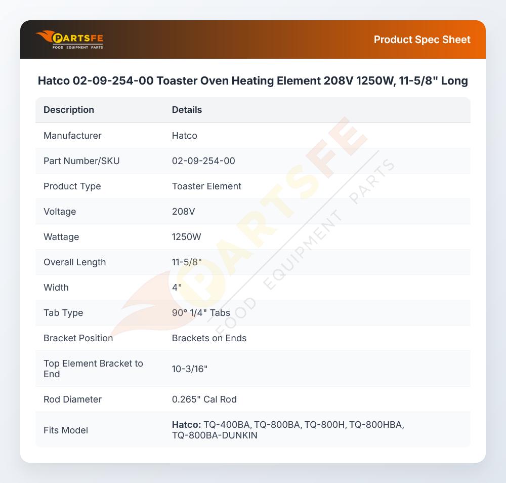 Hatco 02-09-254-00 Toaster Oven Heating Element 208V 1250W, 11-5/8" Long