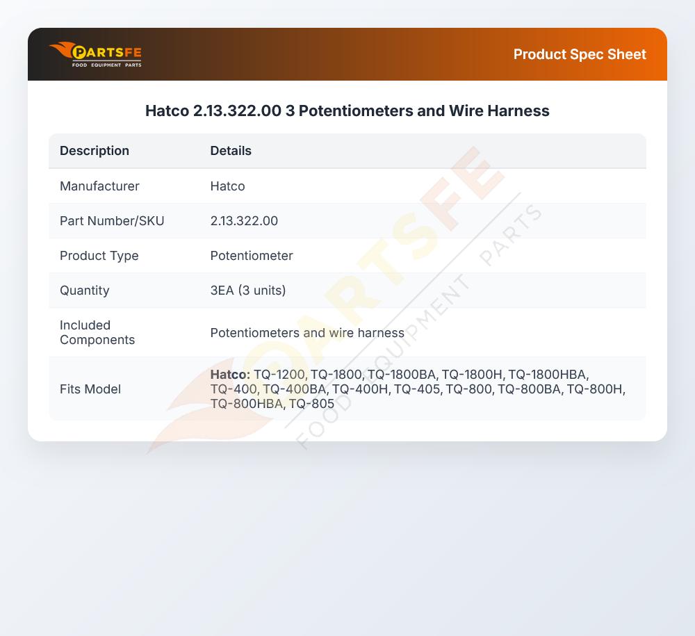 Hatco 2.13.322.00 3 Potentiometers and Wire Harness