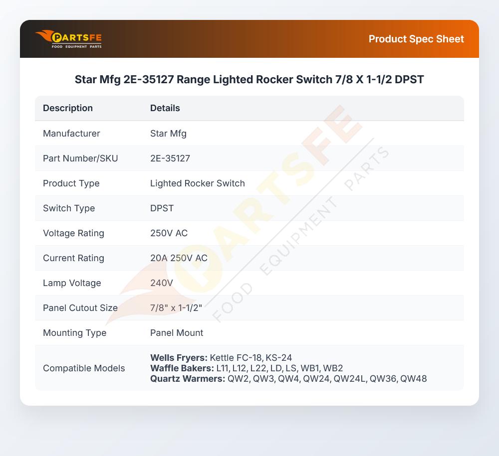 Star Mfg 2E-35127 Range Lighted Rocker Switch 7/8" X 1-1/2" DPST
