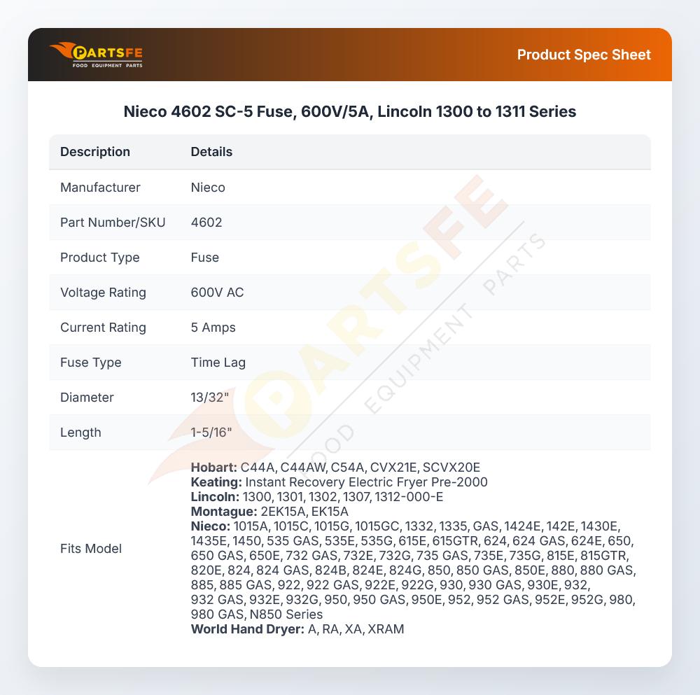 Nieco 4602 SC-5 Fuse, 600V/5A, Lincoln 1300 to 1311 Series