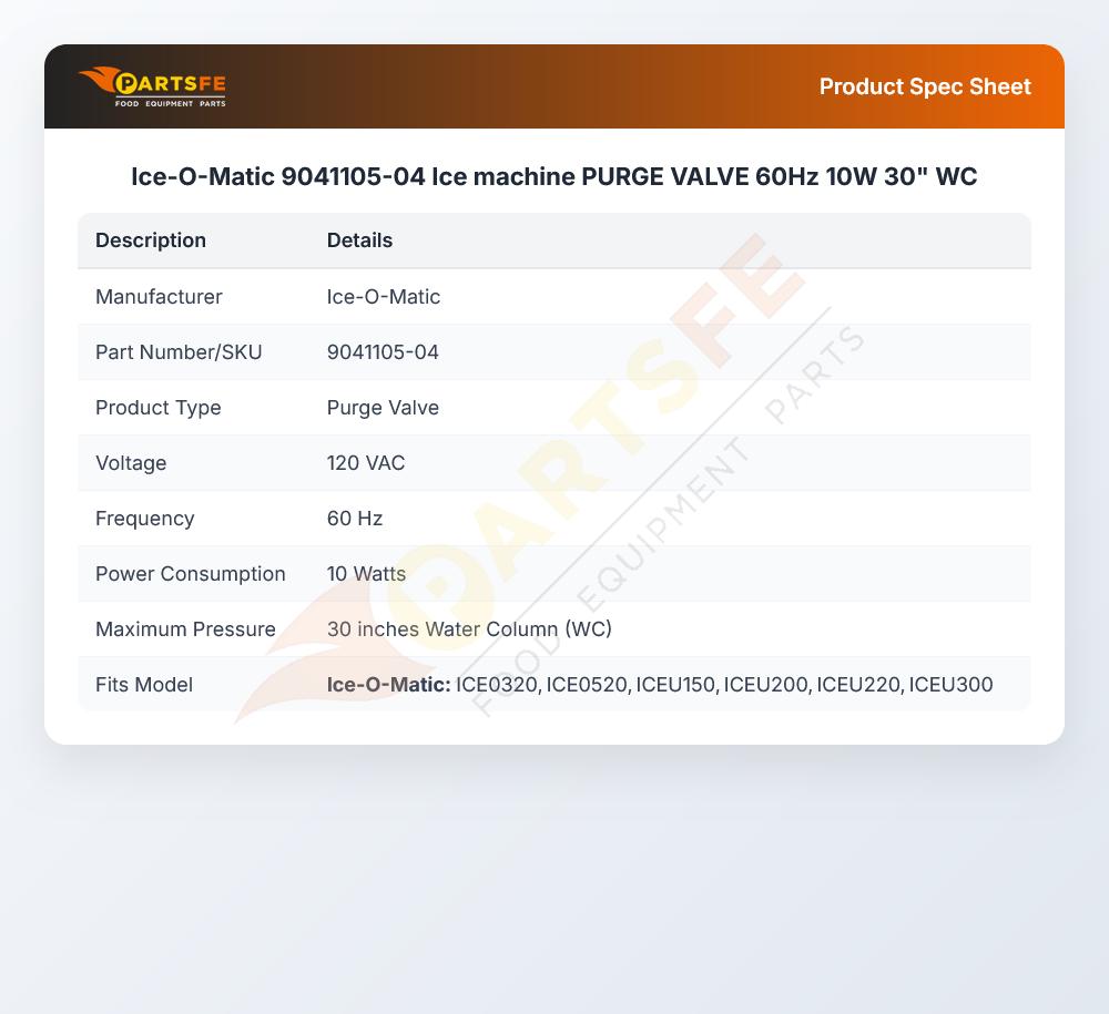 Ice-O-Matic 9041105-04 Ice machine PURGE VALVE 60Hz 10W 30" WC