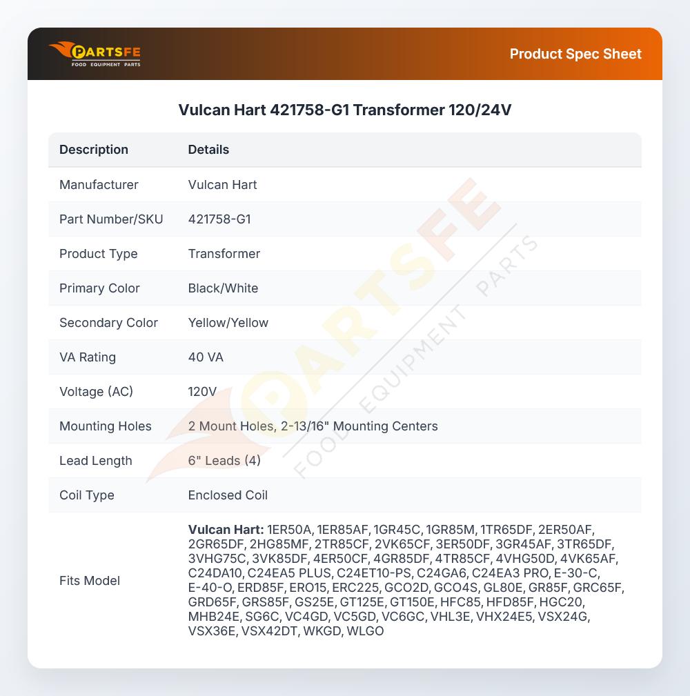Vulcan Hart 421758-G1 Transformer 120/24V