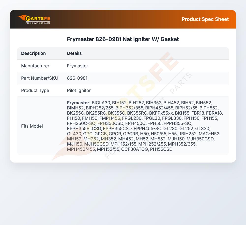 Frymaster 826-0981 Nat Igniter W/ Gasket