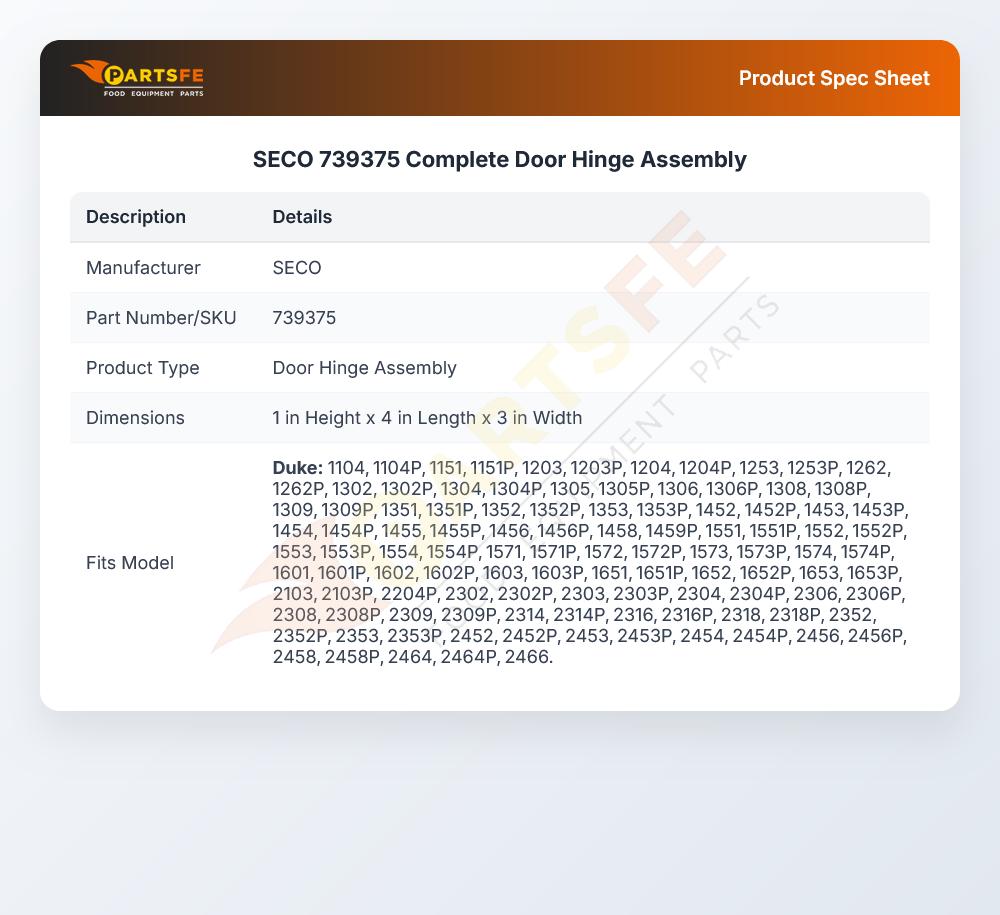 SECO 739375 Complete Door Hinge Assembly