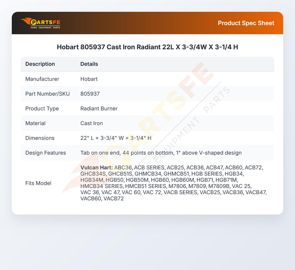Hobart 805937 Cast Iron Radiant 22L X 3-3/4W X 3-1/4 H