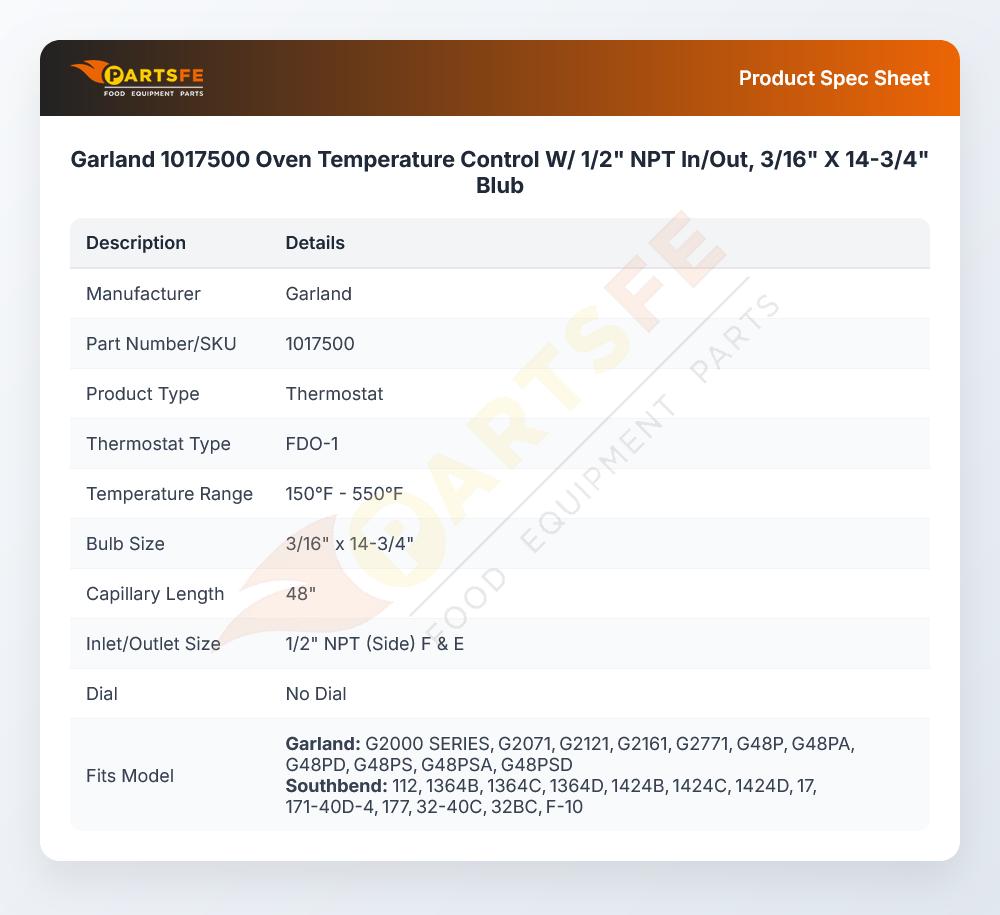 Garland 1017500 Temperature Control Thermostat 3/16" X 14-3/4" 150&deg;F-550&deg;F FDO