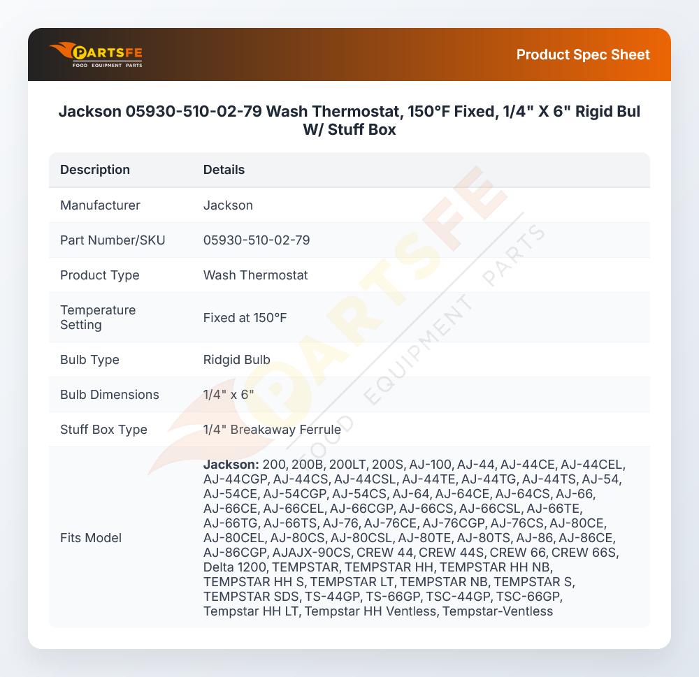 Jackson 05930-510-02-79 Thermostat 150&deg;F Fixed