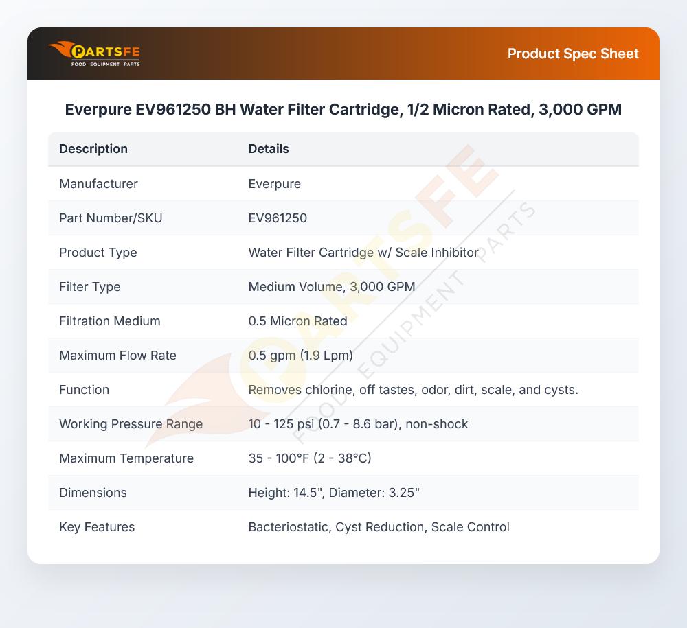 Everpure EV961250 BH Water Filter Cartridge, 1/2 Micron Rated, 3,000 GPM