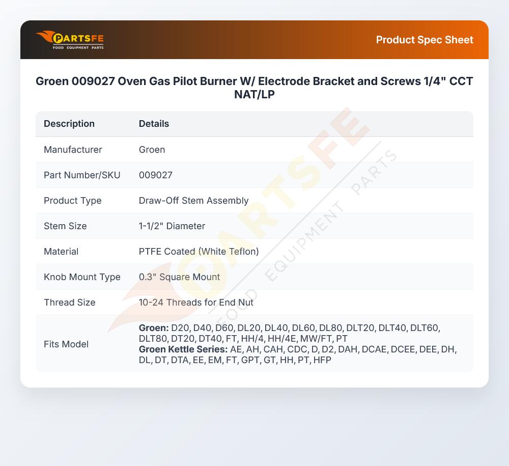 Groen 009027 Oven Gas Pilot Burner W/ Electrode Bracket and Screws 1/4" CCT NAT/LP