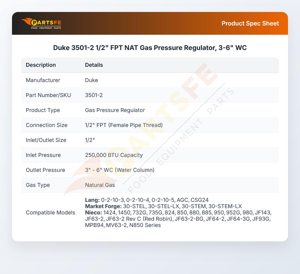 Duke 3501-2 1/2" FPT NAT Gas Pressure Regulator, 3-6" WC