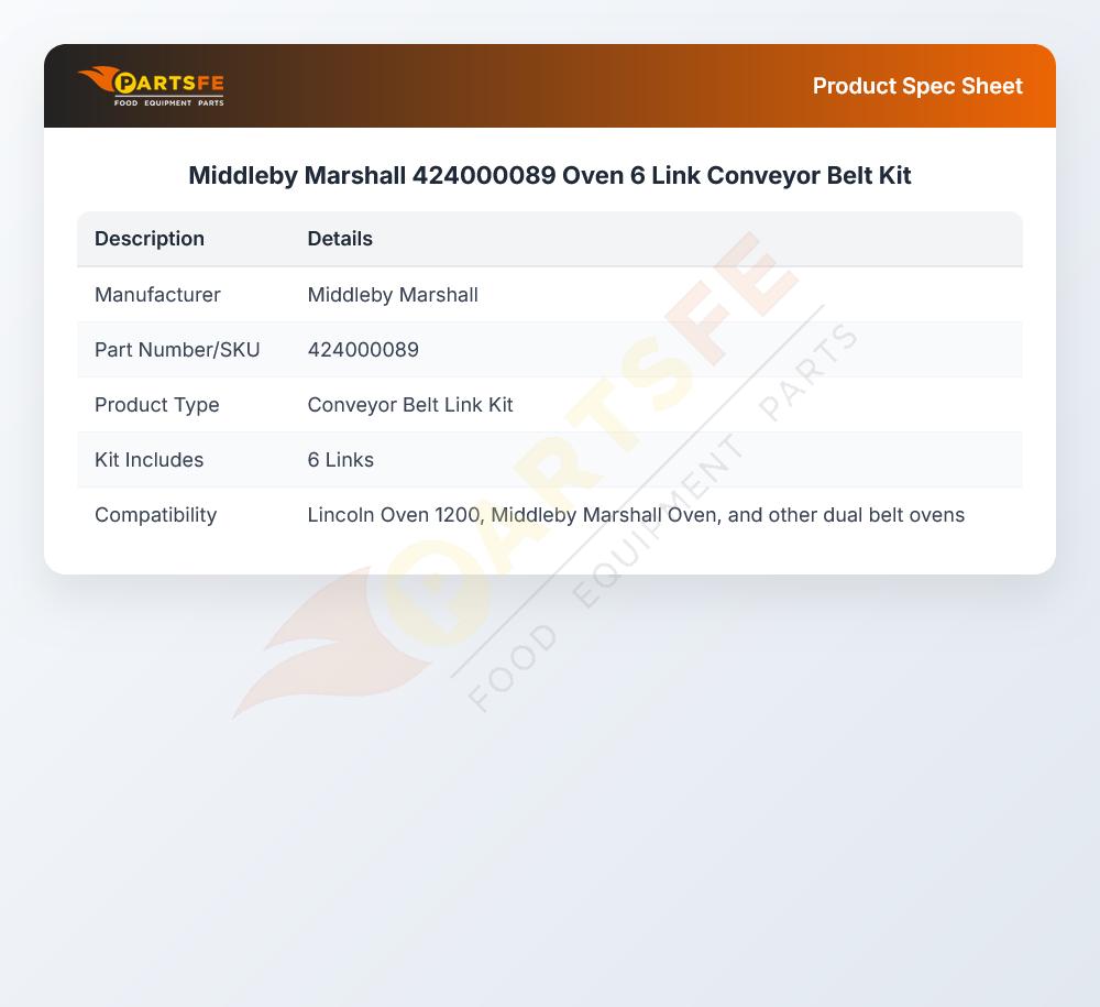 Middleby Marshall 424000089 Oven 6 Link Conveyor Belt Kit
