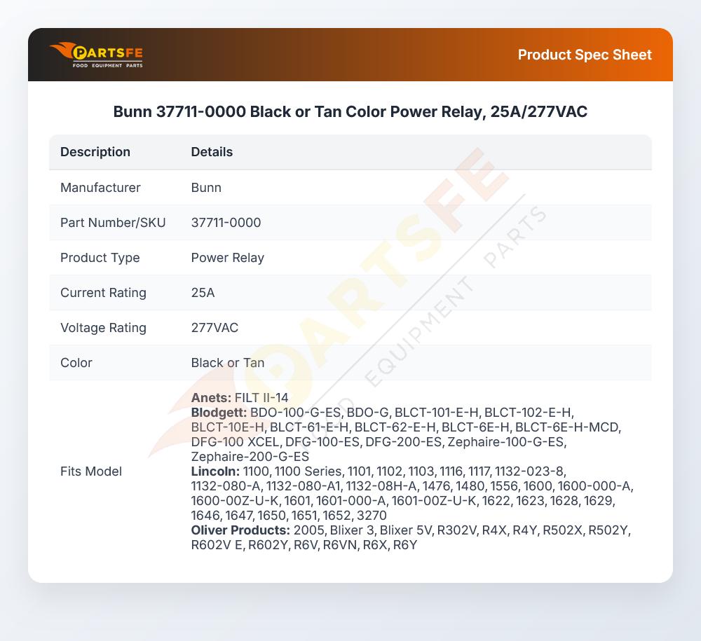 Bunn 37711-0000 Black or Tan Color Power Relay, 25A/277VAC