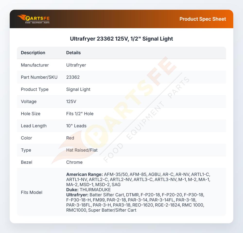 Ultrafryer 23362 125V, 1/2" Signal Light