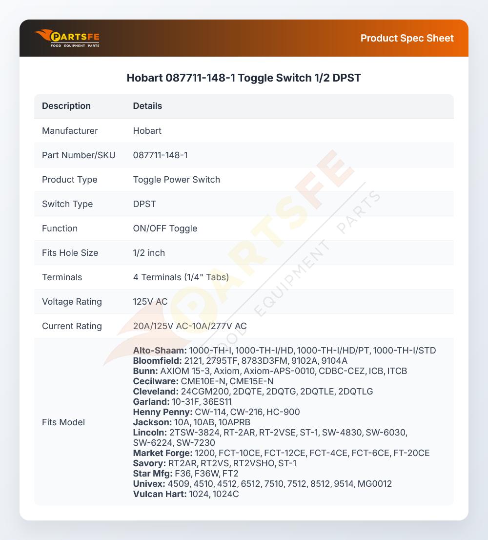 Hobart 087711-148-1 Toggle Switch DPST 1/2"