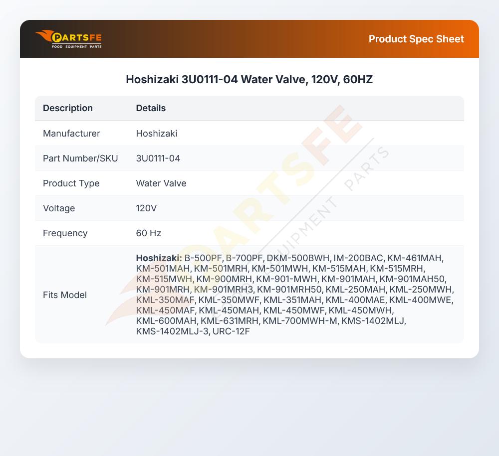 Hoshizaki 3U0111-04 Ice Dispenser Water Inlet Valve 60Hz 120V